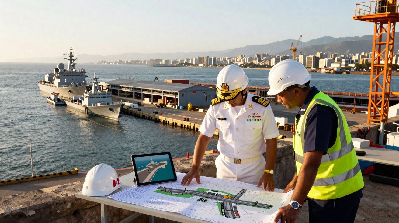 Dois homens com capacetes a analisar mapas e projeto de um porto com navios ao fundo, junto ao mar.