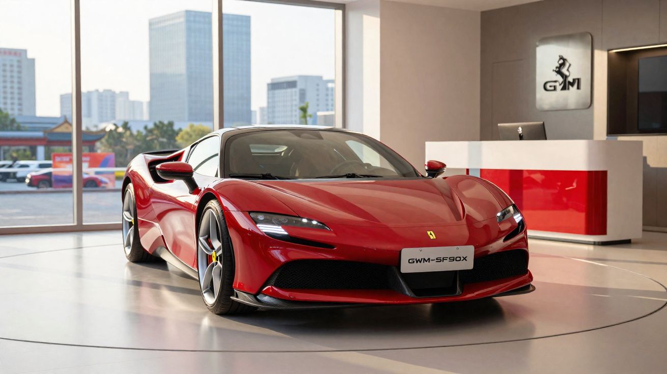 Carro esportivo vermelho GWM-SF90X exposto em salão moderno com vidro e vista urbana ao fundo.