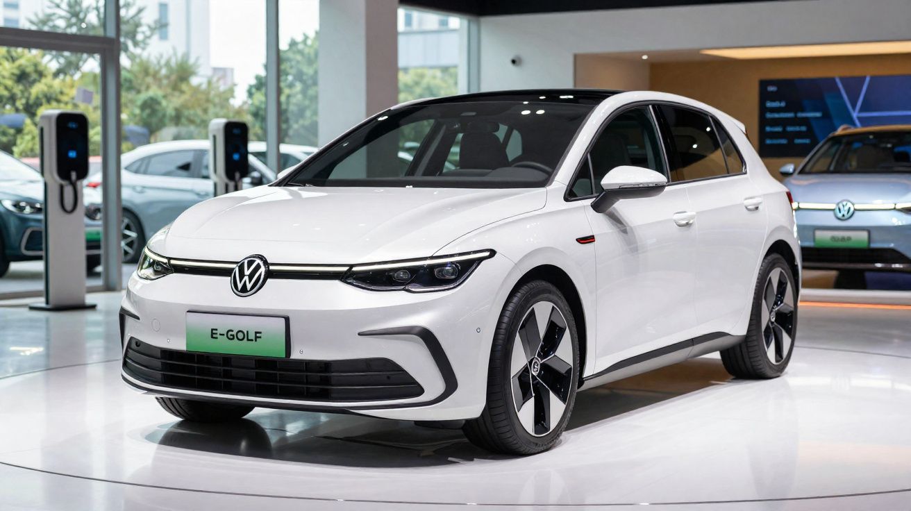 Automóvel elétrico Volkswagen E-Golf branco exposto num salão moderno com carregadores elétricos.