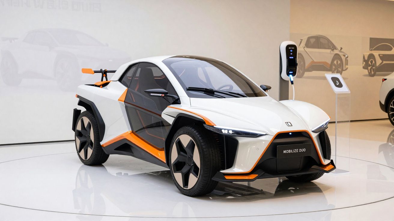 Veículo elétrico desportivo branco e laranja, modelo Mobilize Duo, exposto em sala com carregador elétrico.