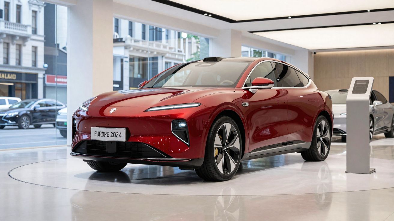 Carro elétrico vermelho moderno exposto num showroom com iluminação interior e grandes janelas transparentes.