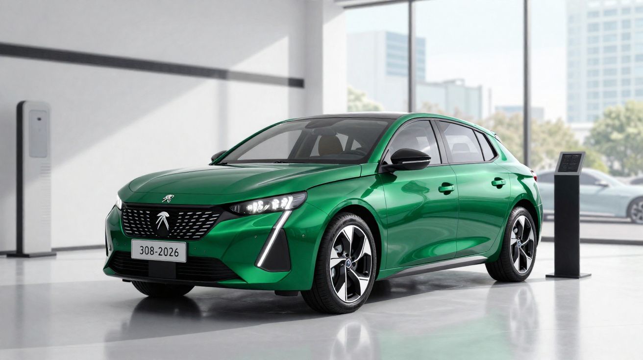 Carro elétrico compacto verde Peugeot 308-2026 em showroom moderno com carregador elétrico ao lado.