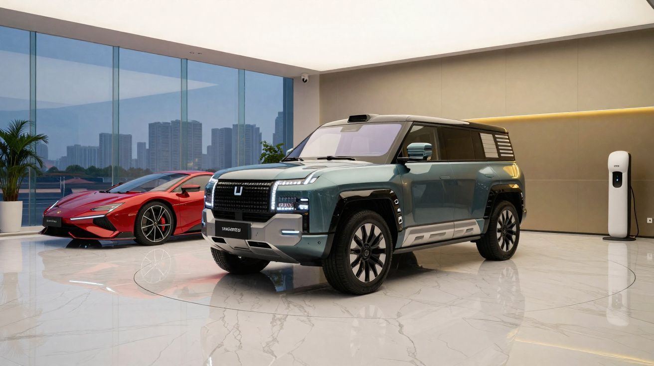 Showroom com dois carros modernos, um SUV elétrico verde e um carro desportivo vermelho futurista.