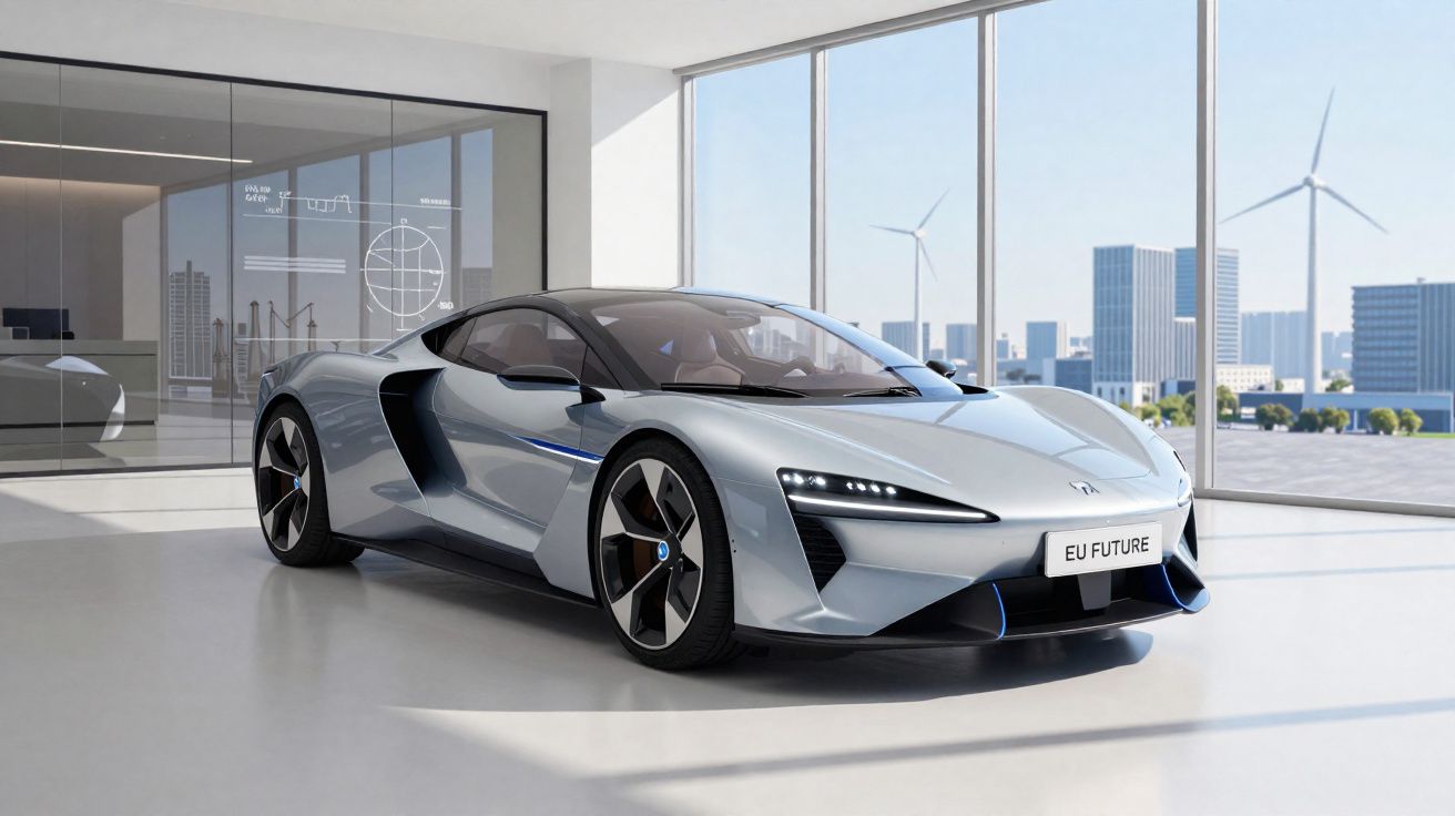 Carro desportivo eléctrico cinzento num showroom moderno com janelas grandes e turbinas eólicas ao fundo.