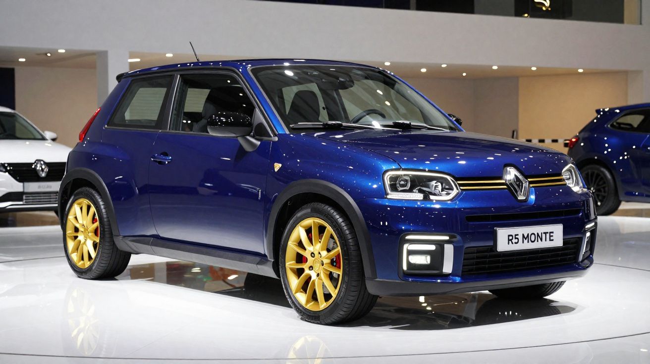 Carro Renault R5 Monte azul metálico com jantes douradas exposto em salão automóvel.