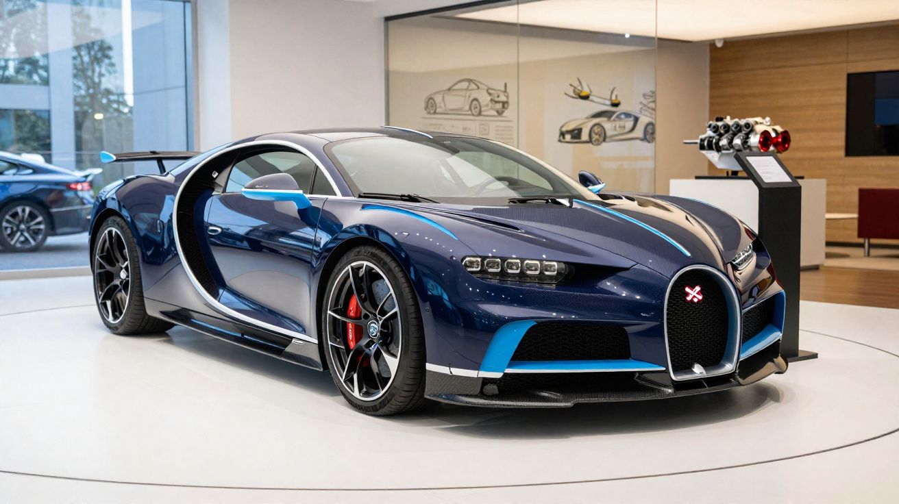 Automóvel desportivo azul escuro com detalhes azuis claro exposto numa sala moderna e iluminada.