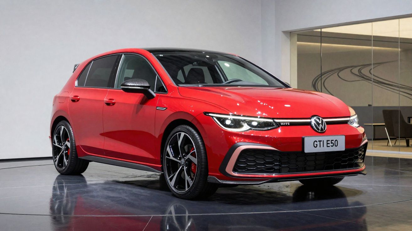 Volkswagen GTI E50 vermelho estacionado em showroom moderno com piso refletor.
