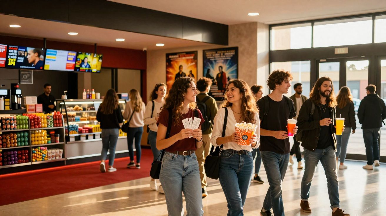 Grupo de jovens felizes a sair do cinema com bilhetes, pipocas e bebidas no átrio iluminado.
