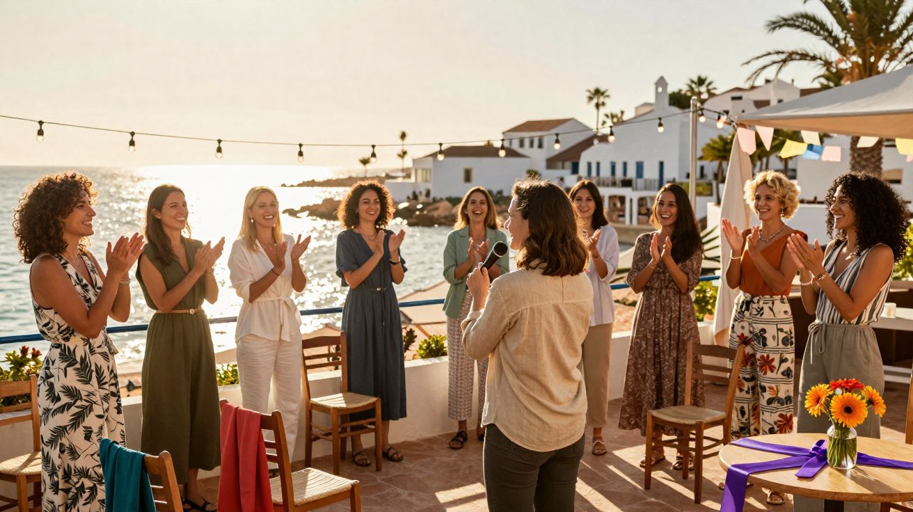 Grupo de mulheres a aplaudir uma mulher que fala ao microfone num terraço junto ao mar ao pôr do sol.