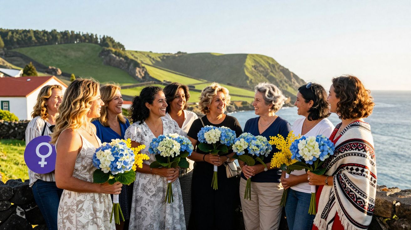 Grupo de mulheres sorridentes ao ar livre segurando buquês com mar e colinas ao fundo.