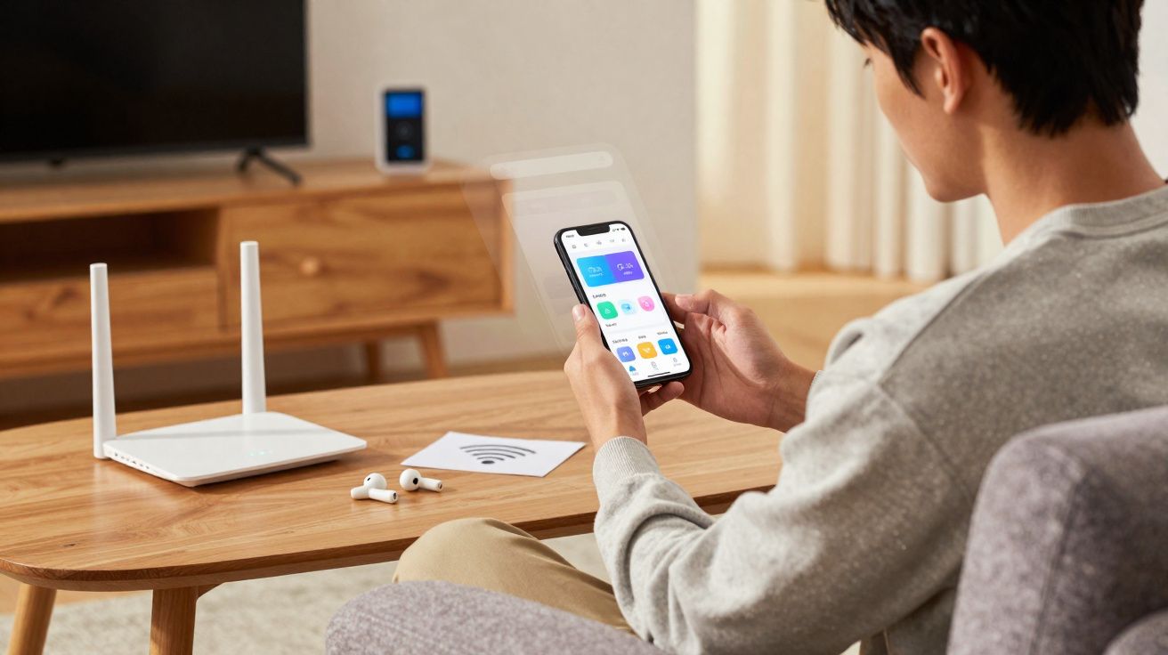 Pessoa sentada a controlar um router Wi-Fi com o telemóvel numa sala com mobiliário em madeira.