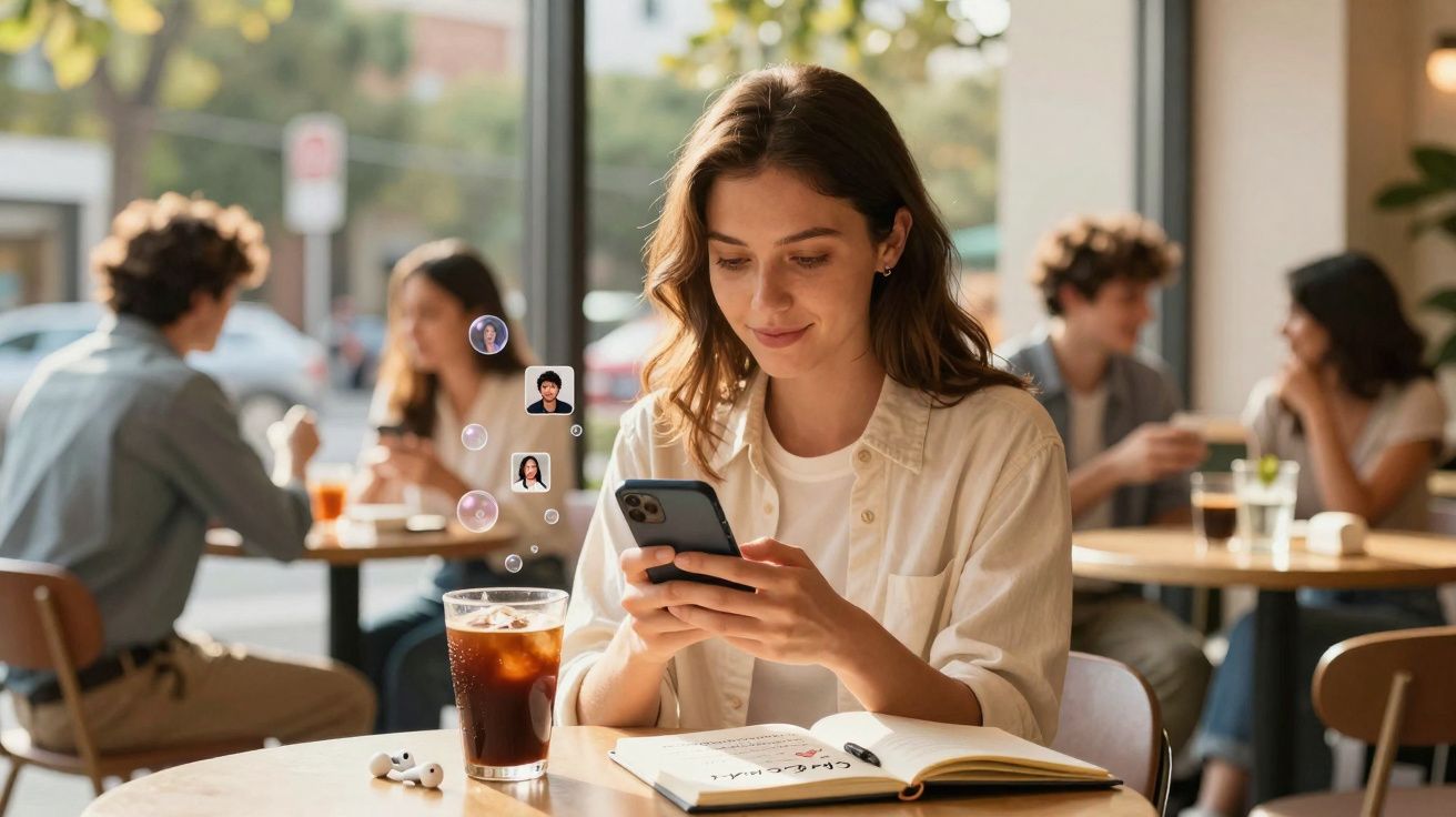 Mulher sentada numa cafetaria, a usar telemóvel, com chá gelado e caderno aberto à sua frente.