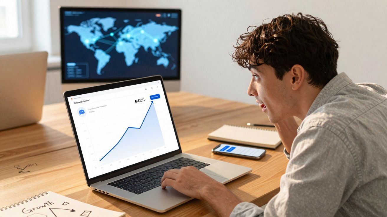 Homem jovem surpreendido olhando para gráfico de crescimento crescente no ecrã do computador portátil.