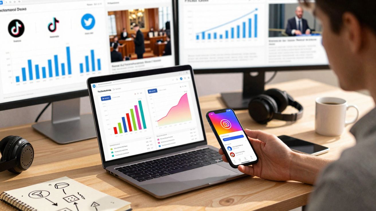 Pessoa a analisar gráficos em computador portátil e telefone, com dois ecrãs e acessórios numa secretária.