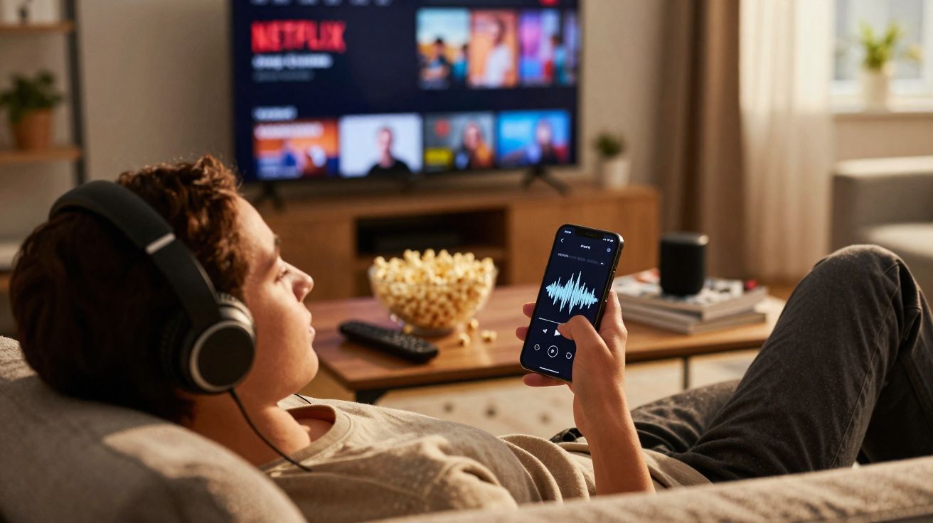 Pessoa deitada no sofá com auscultadores, a ver Netflix na TV e a segurar um smartphone com aplicação de música.