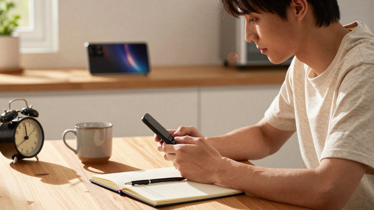 Pessoa sentada à mesa a usar telemóvel, com caderno, caneta, chávena e relógio despertador à frente.