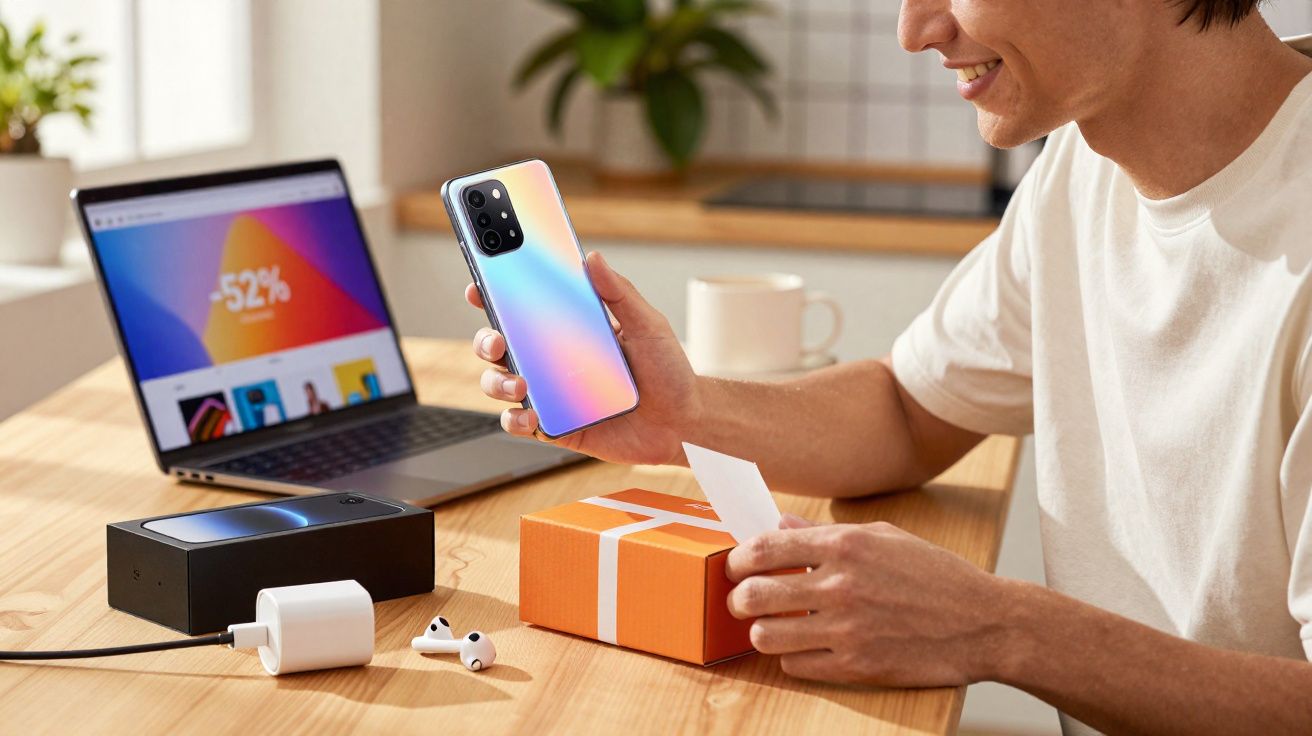 Pessoa sentada a desembrulhar um smartphone com acessórios numa mesa, com portátil aberto ao fundo.