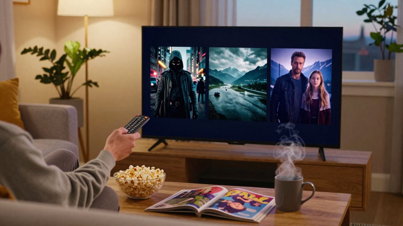 Pessoa no sofá a controlar TV com três imagens de filmes, pipocas, revista e caneca fumegante numa mesa de centro.