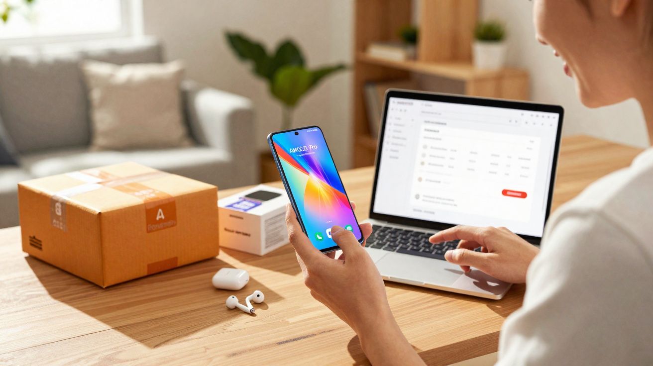 Pessoa a usar smartphone com computador portátil aberto e acessórios eletrónicos numa mesa de madeira.