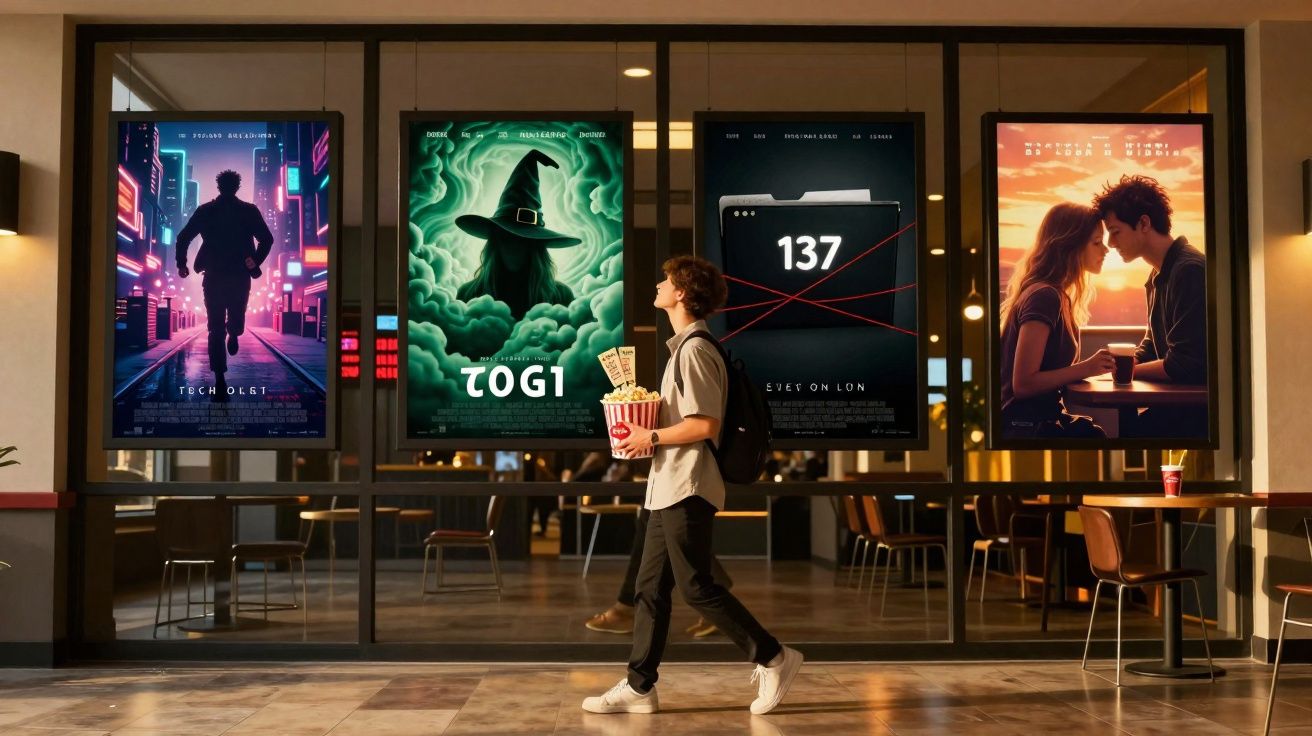 Jovem com mochila e pipocas passa por cartazes de filmes numa entrada de cinema.