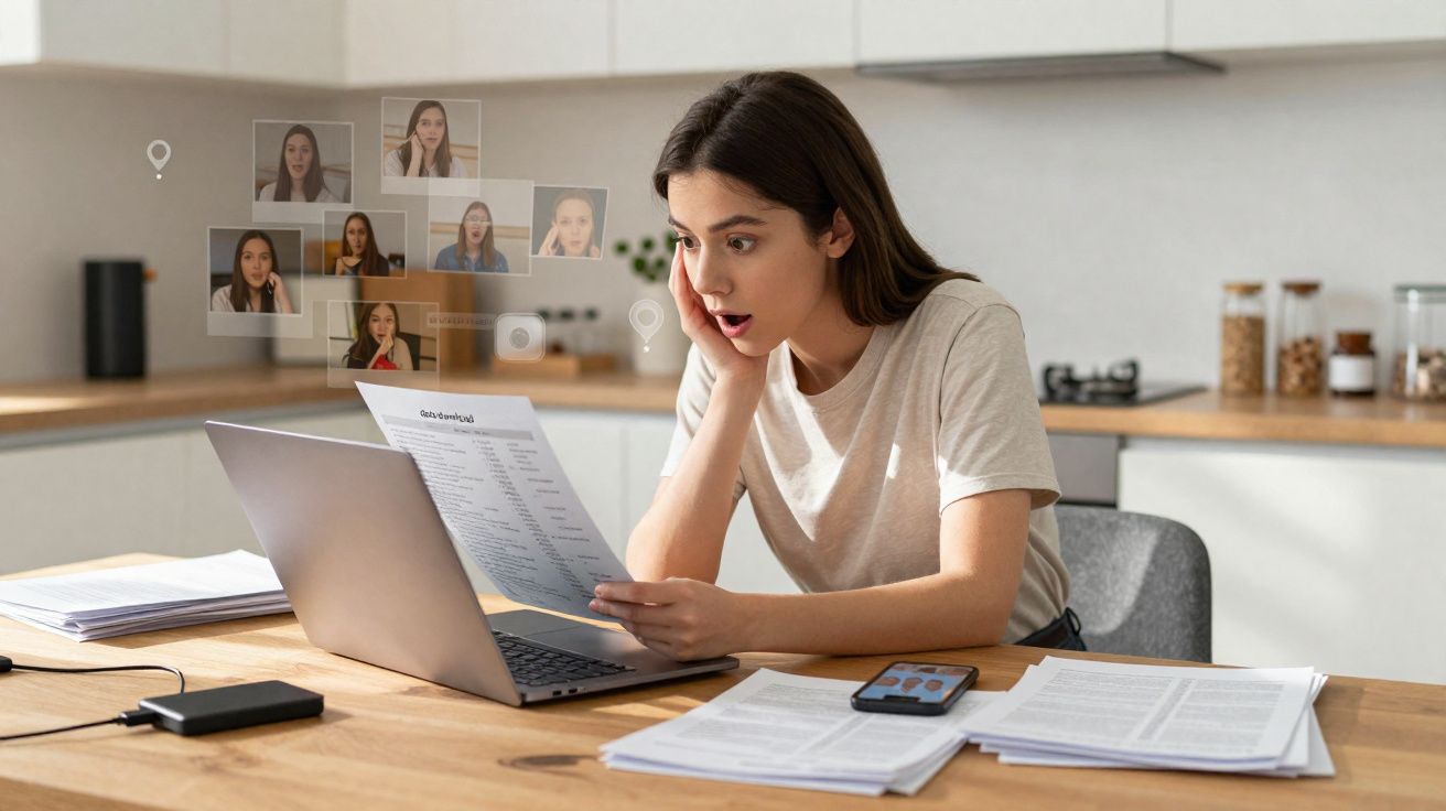 Mulher surpreendida a analisar currículo no computador, rodeada de papéis numa cozinha moderna.