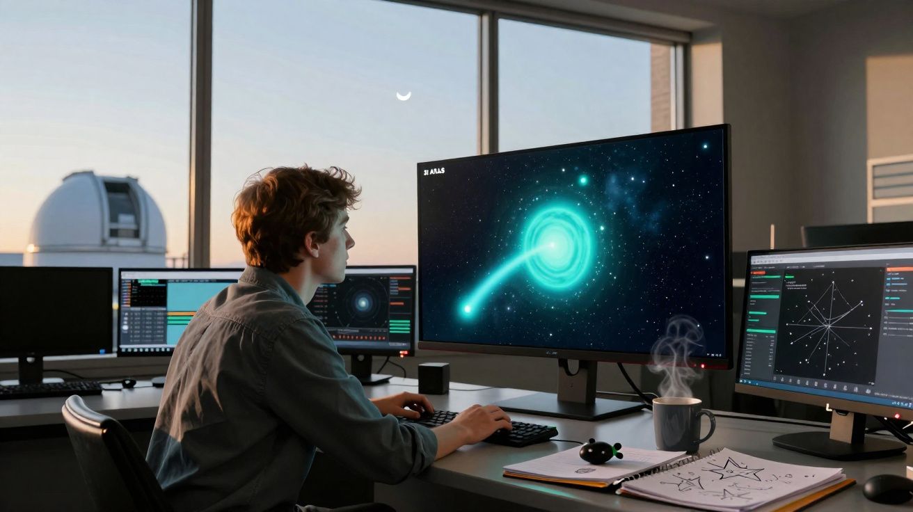 Pessoa a estudar dados astronómicos em várias telas num escritório com vista para um observatório ao pôr do sol.