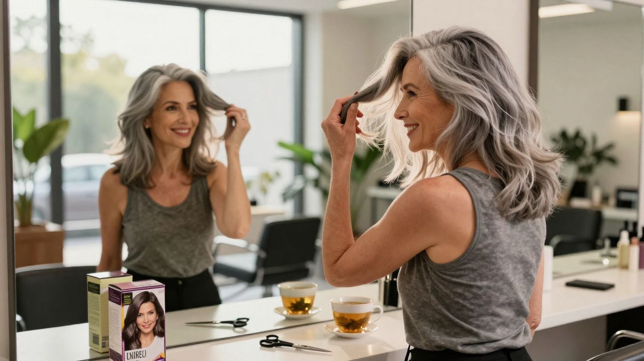 Mulher adulta com cabelo grisalho sorrindo e a tocar no cabelo, olhando-se ao espelho num salão de beleza.