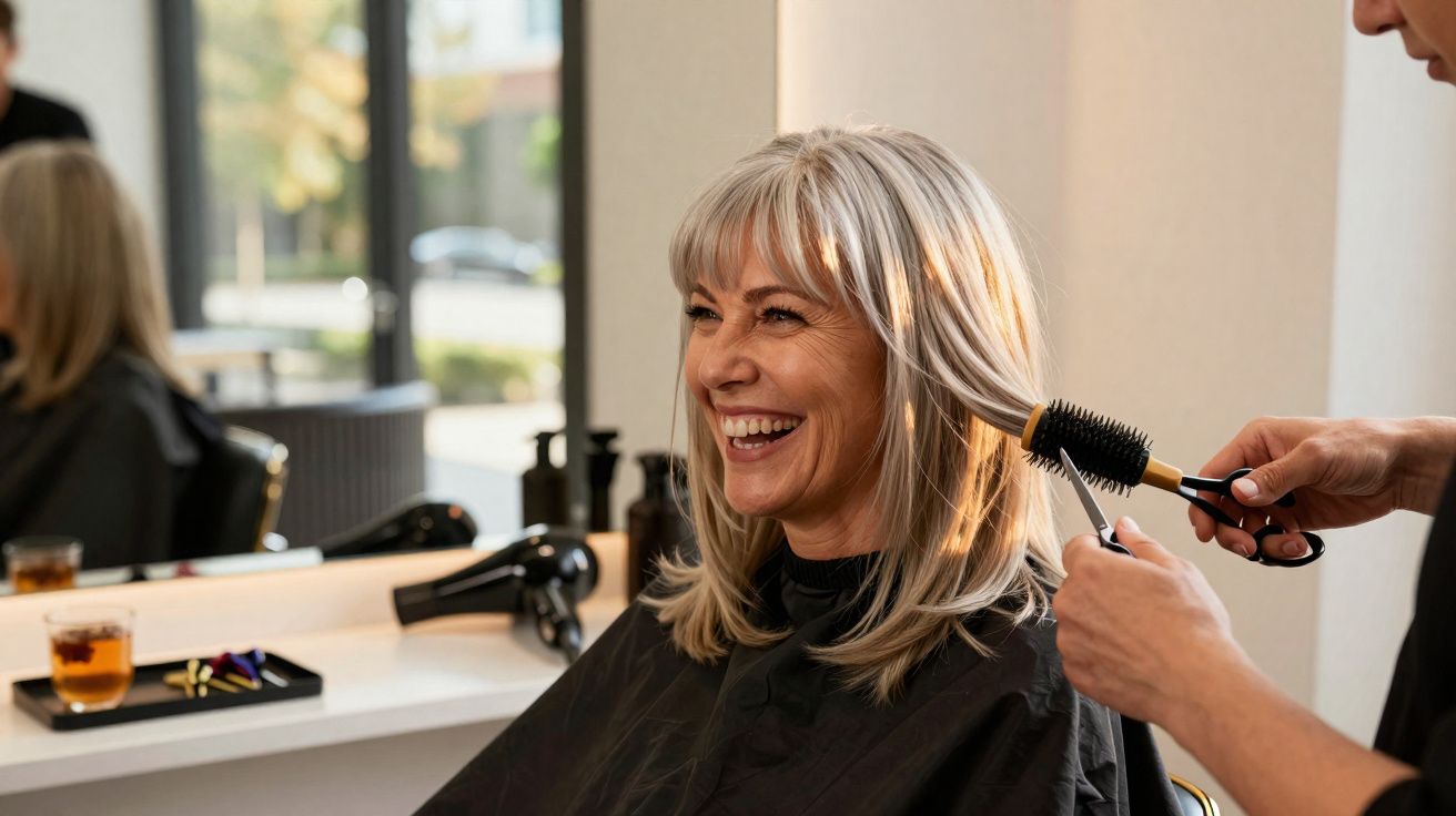Mulher sorridente a receber corte e escovagem de cabelo num salão de cabeleireiro luminoso.