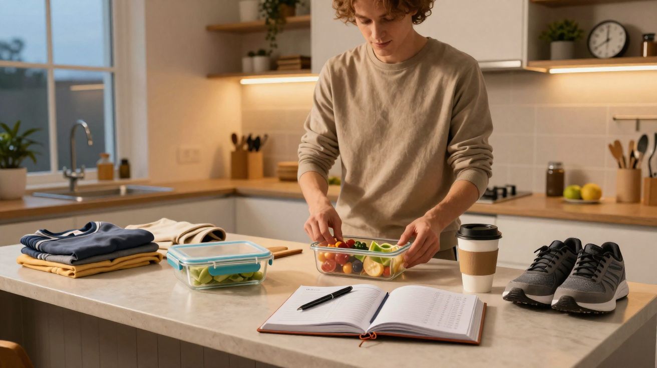 Pessoa jovem a preparar uma marmita com salada numa cozinha moderna, com roupa dobrada e ténis na bancada.