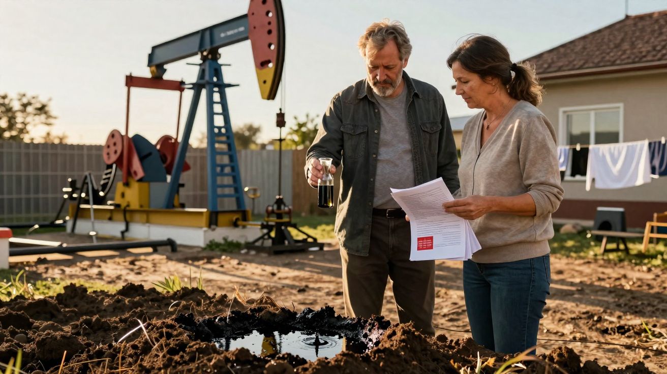 Homem e mulher analisam amostra de óleo num terreno onde está instalada uma bomba de petróleo.