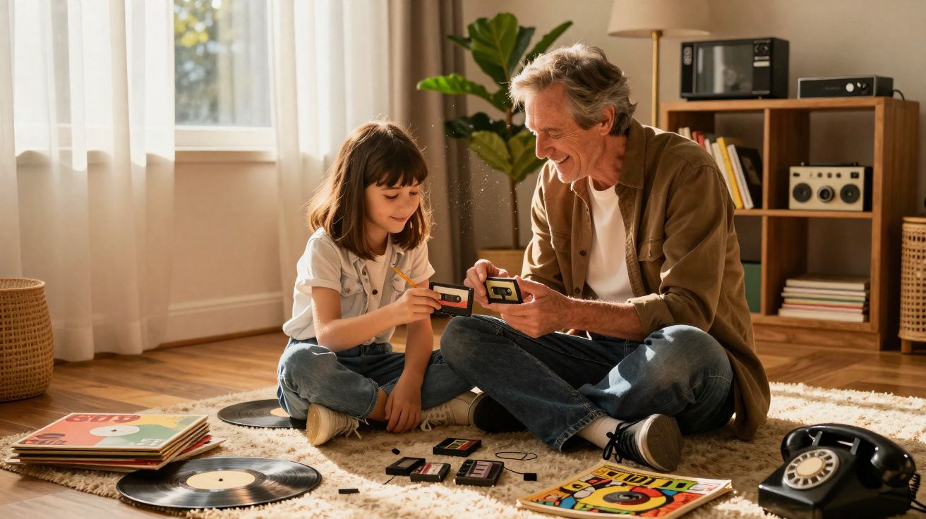 Avô e neta sentados no chão a brincar com cassetes de áudio numa sala iluminada e acolhedora.