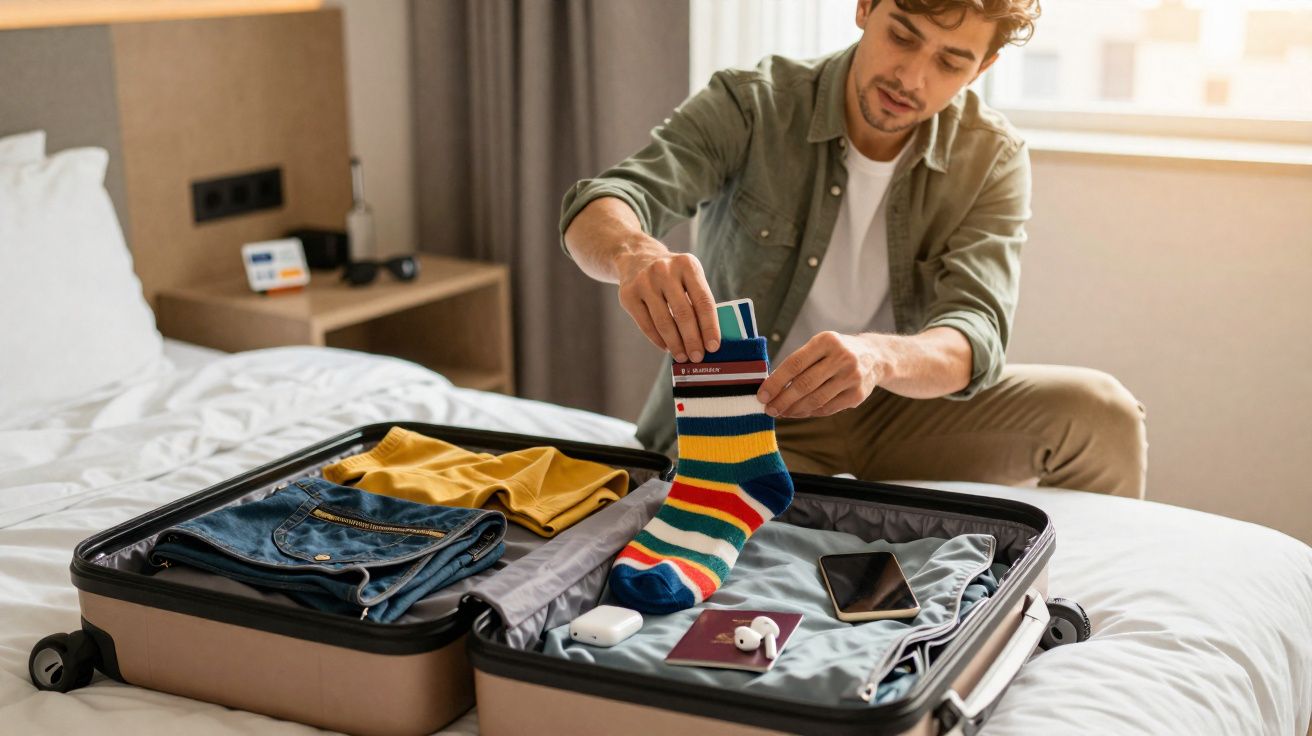 Homem a fazer a mala numa cama, colocando cartões numa meia colorida com roupa e objetos ao redor.