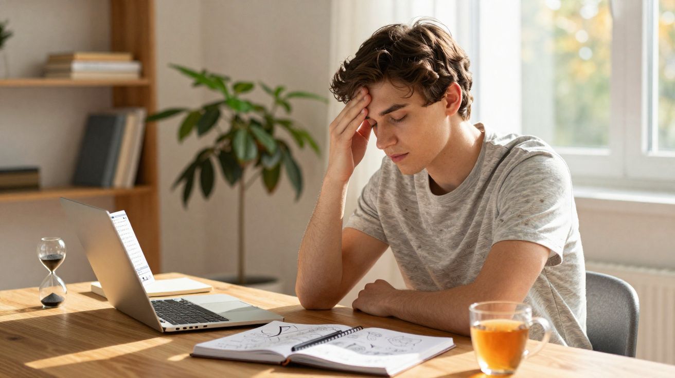 Jovem sentado à mesa com uma mão na testa, parecendo estar preocupado ou cansado, com computador e livros à frente.