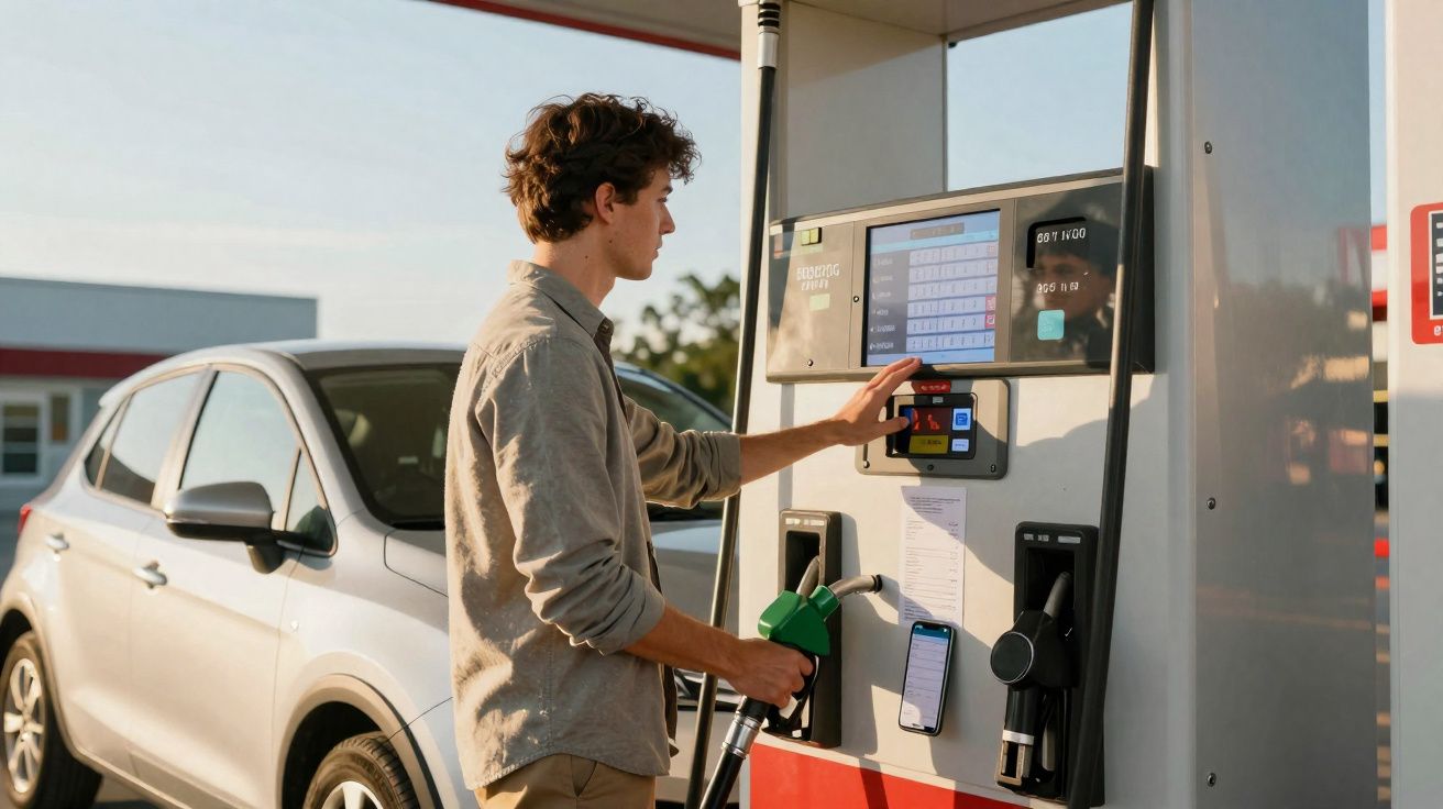 Homem jovem a abastecer carro com gasóleo numa bomba de combustível numa estação de serviço.