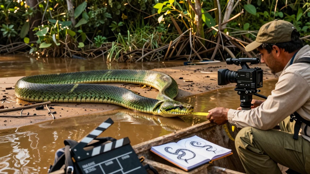 Homem com câmara filma cobra verde gigante numa zona pantanosa, com desenhos e claquete à frente.
