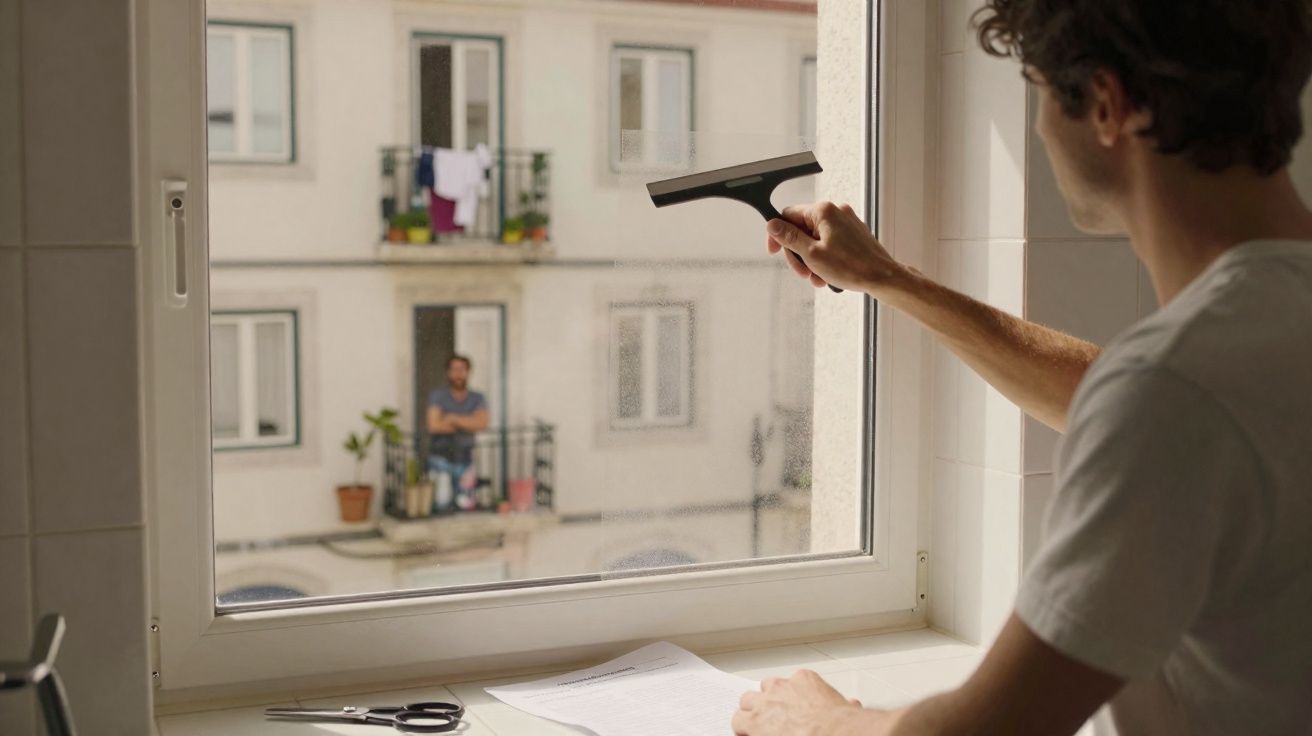 Pessoa com t-shirt branca a limpar vidraça de janela com limpa-vidros enquanto observa vizinho no prédio em frente.