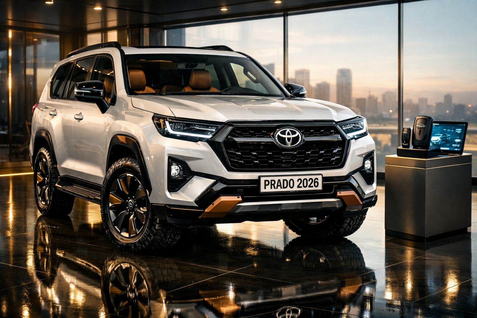 Toyota Land Cruiser Prado 2026 branco, SUV robusto, em salão com chão refletor e vistas urbanas ao fundo.