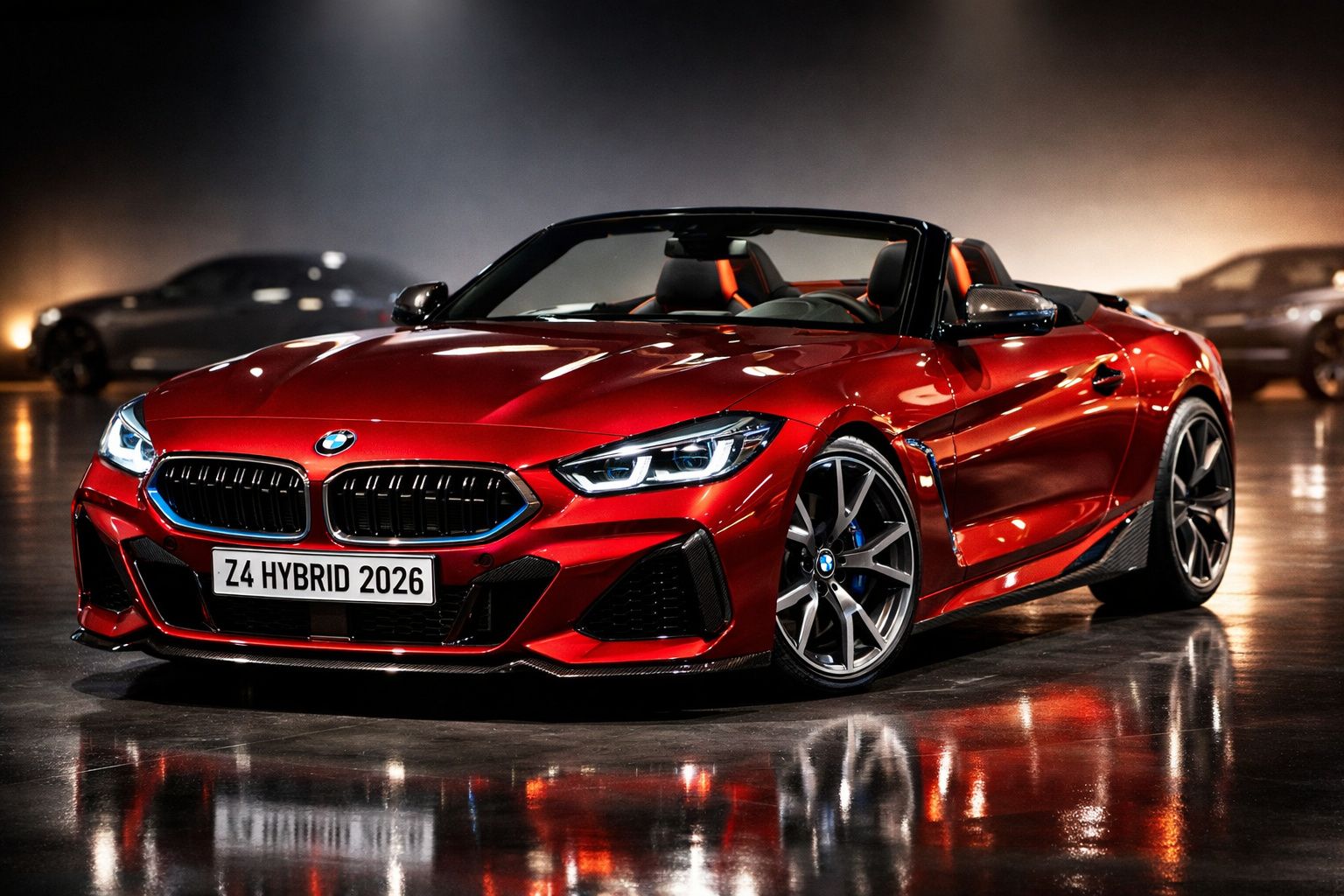 Carro desportivo vermelho BMW Z4 híbrido descapotável visto de frente num ambiente interior iluminado.