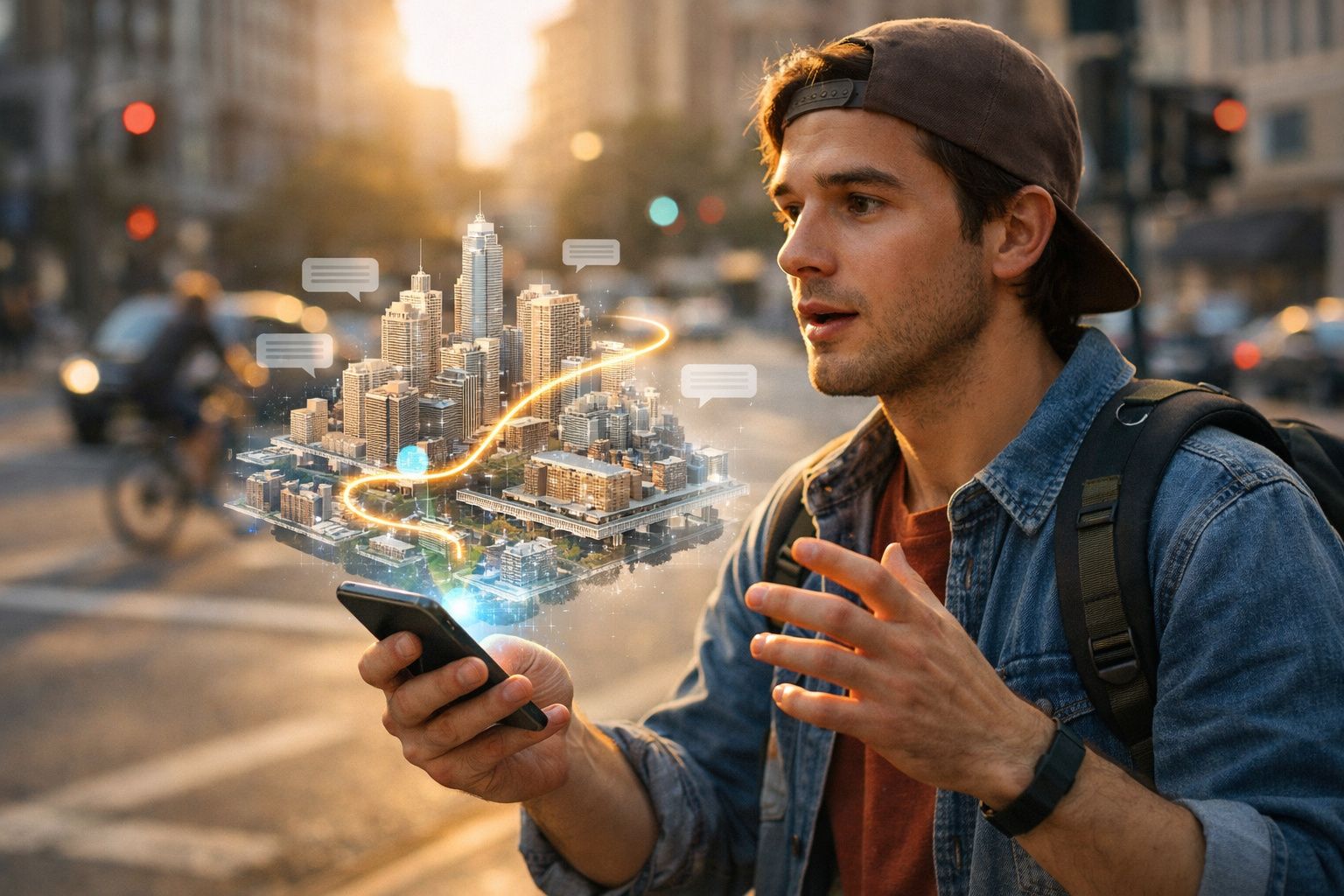 Jovem com boné e mochila usa telemóvel com cidade virtual 3D e rotas projetadas no ar numa rua movimentada.