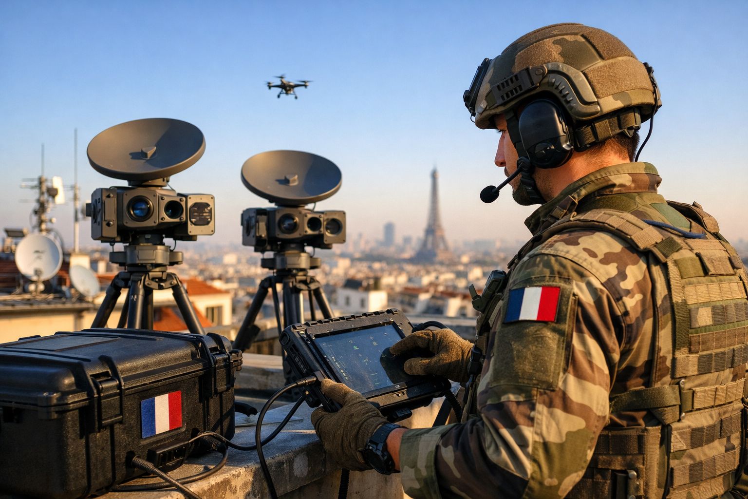 Soldado francês com equipamento tecnológico controla drone sobre a cidade de Paris, com Torre Eiffel ao fundo.
