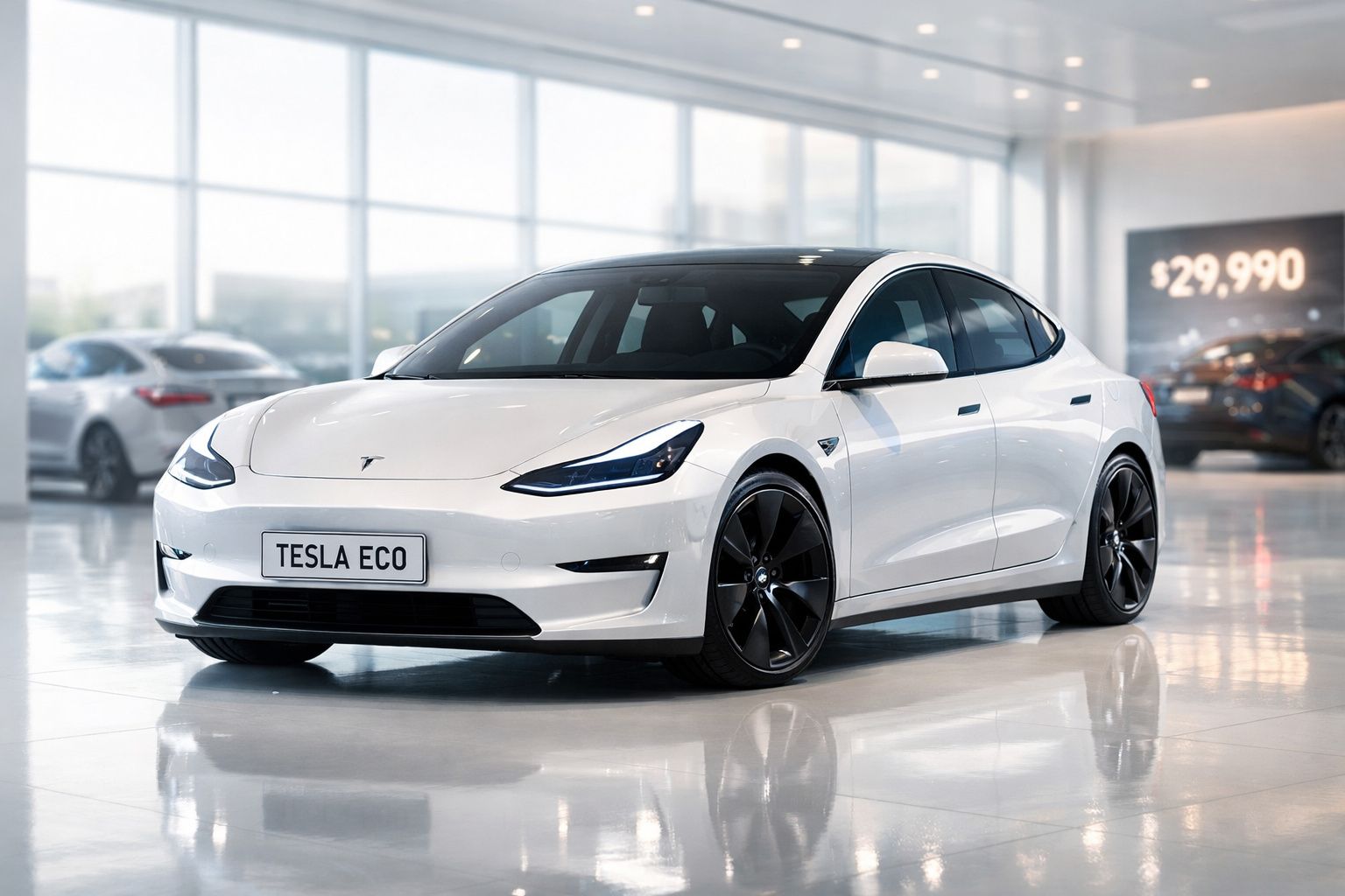 Carro elétrico Tesla branco modelo Eco estacionado em salão automóvel brilhante.