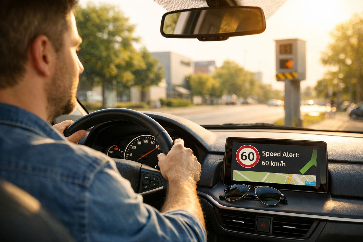 Homem a conduzir carro com alerta de velocidade de 60 km/h no ecrã do sistema de navegação.