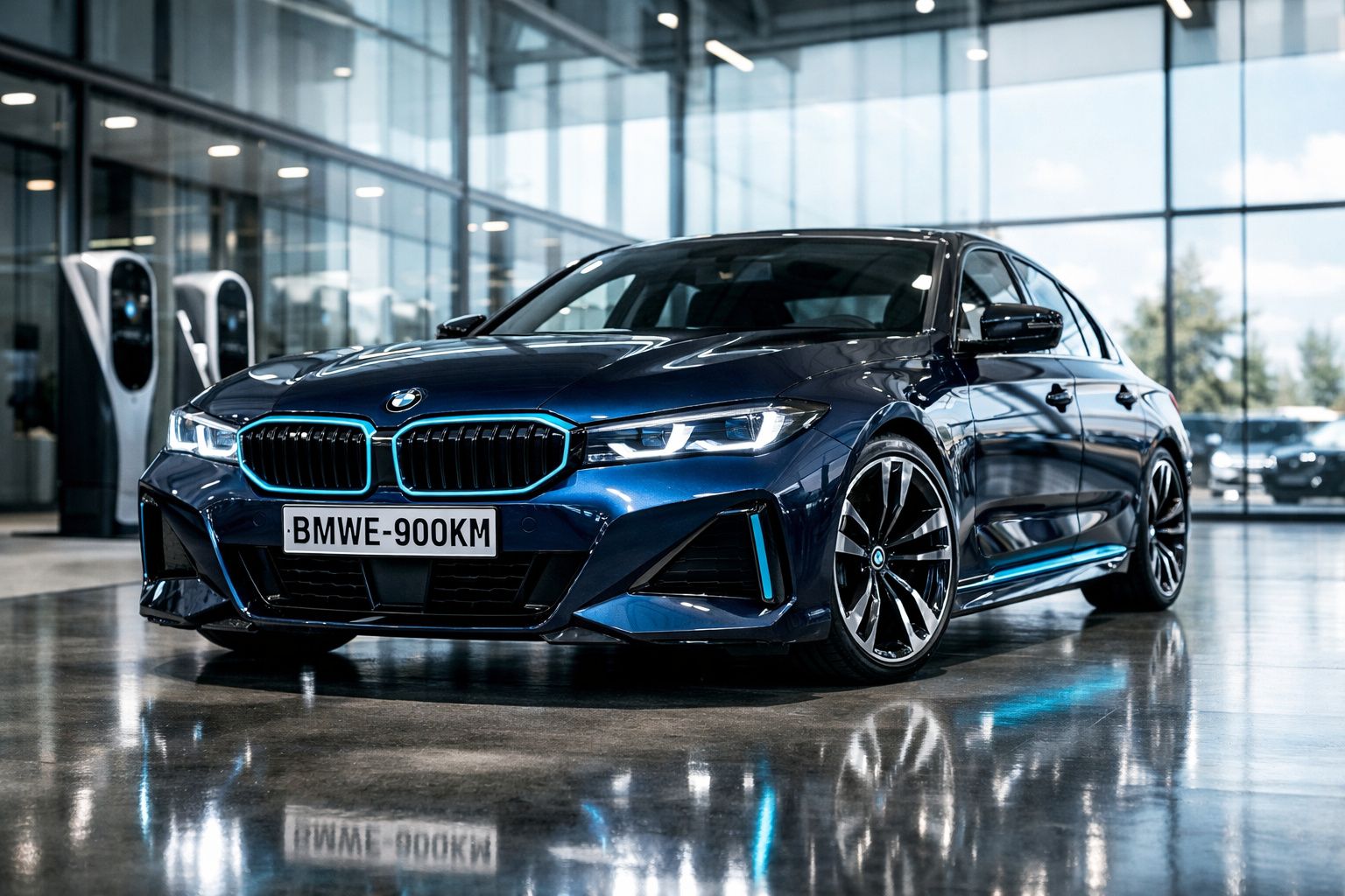 Automóvel BMW azul escuro estacionado em showroom moderno com janelas de vidro e chão polido refletivo.
