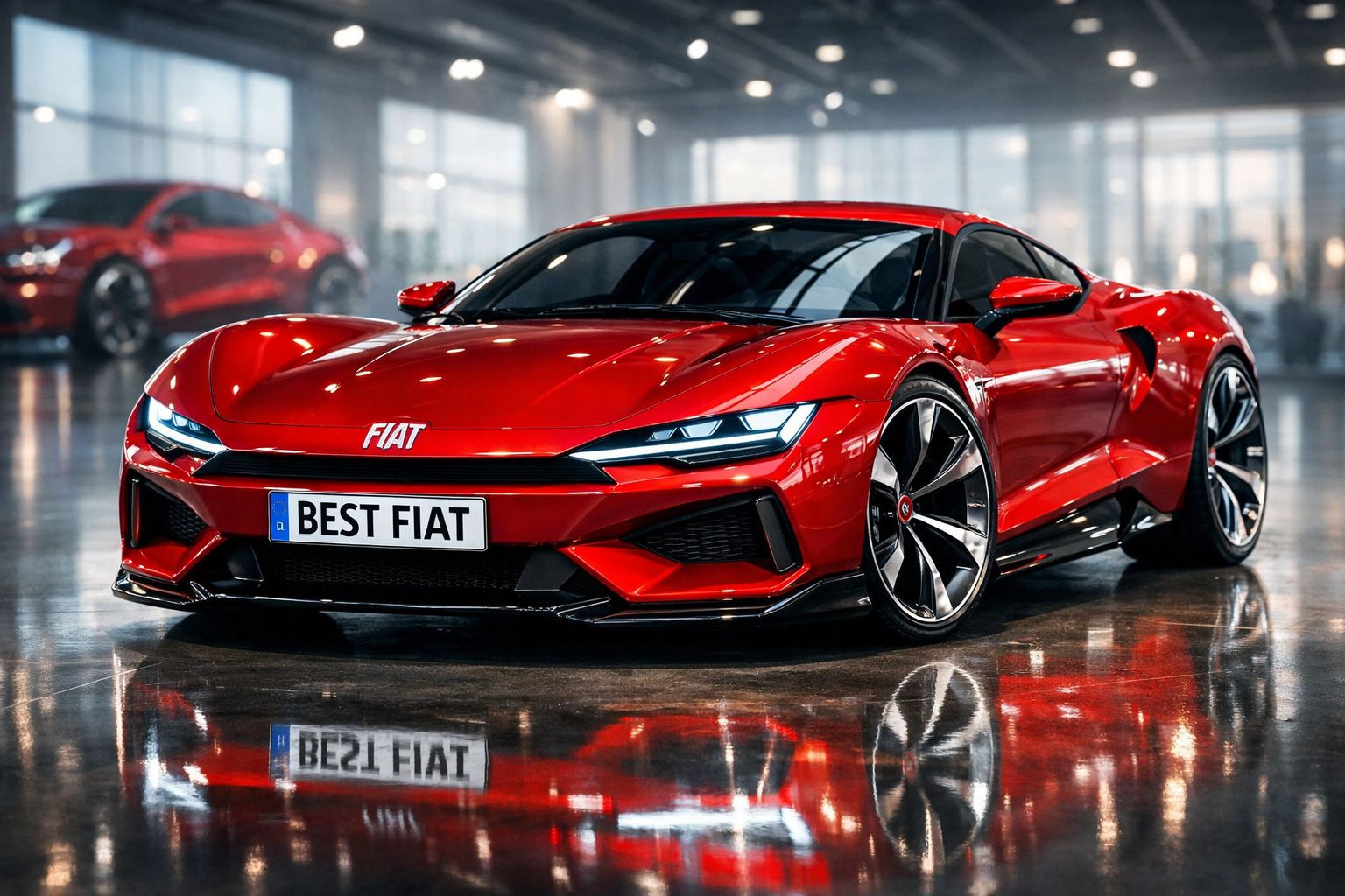 Carro desportivo vermelho Fiat estacionado em piso brilhante num espaço interior espaçoso.