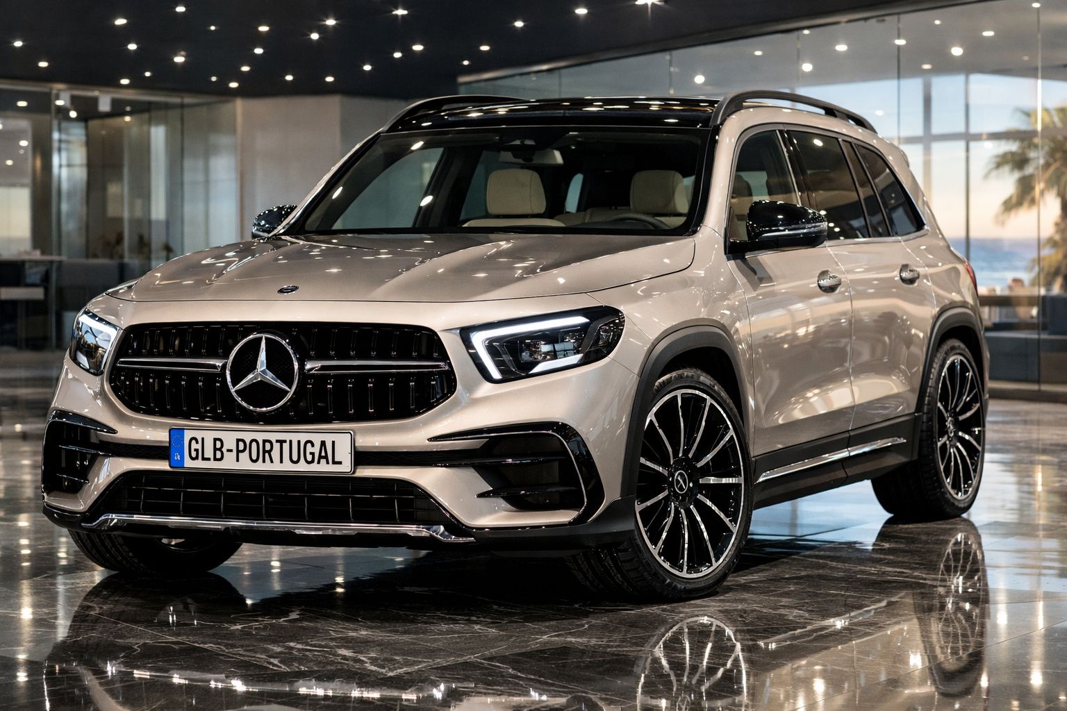 Mercedes-Benz GLB branco em exposição interior com placas personalizadas GLB-PORTUGAL.