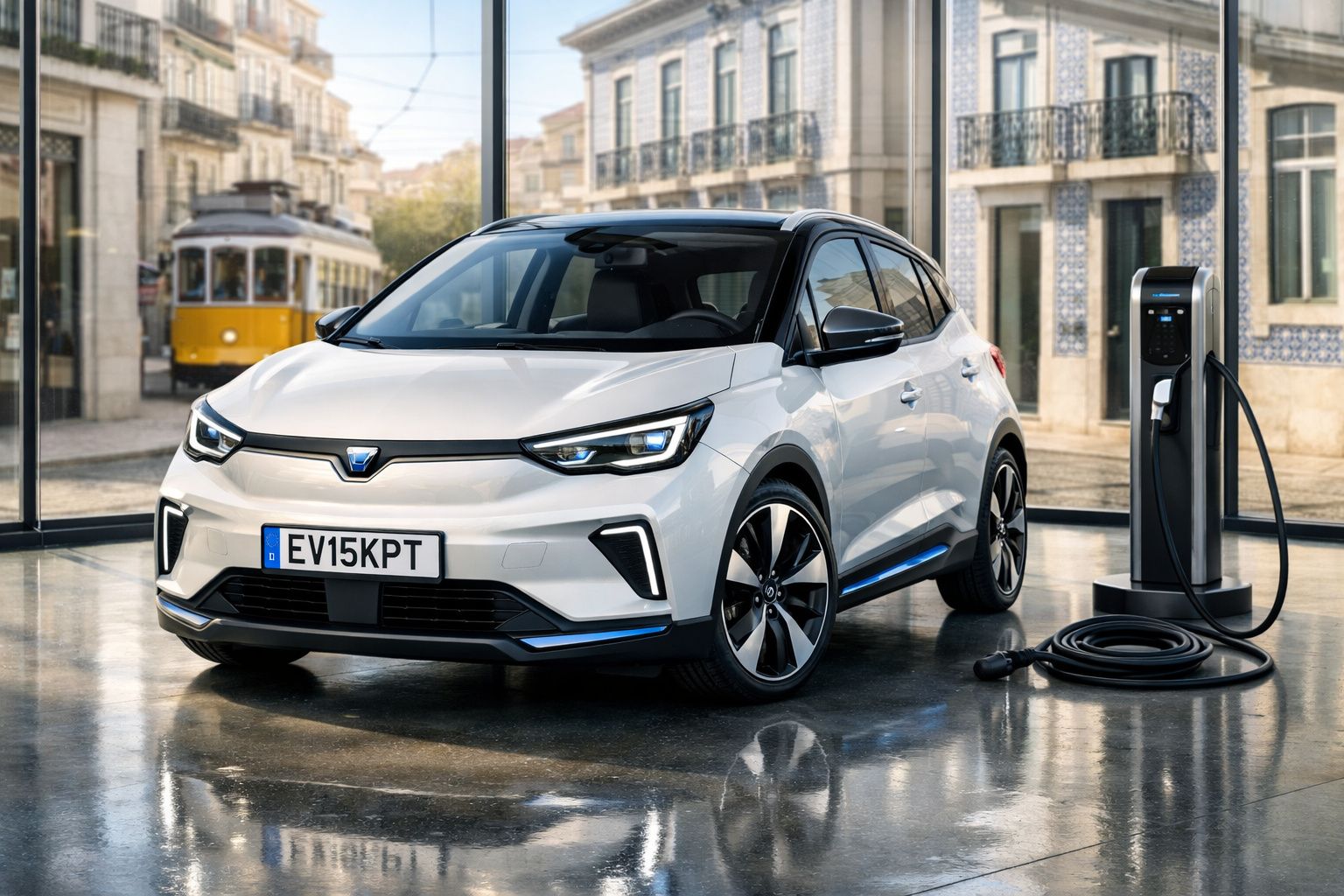 Carro elétrico branco em carregador próximo a janela com vista de elétrico amarelo e edifícios antigos.