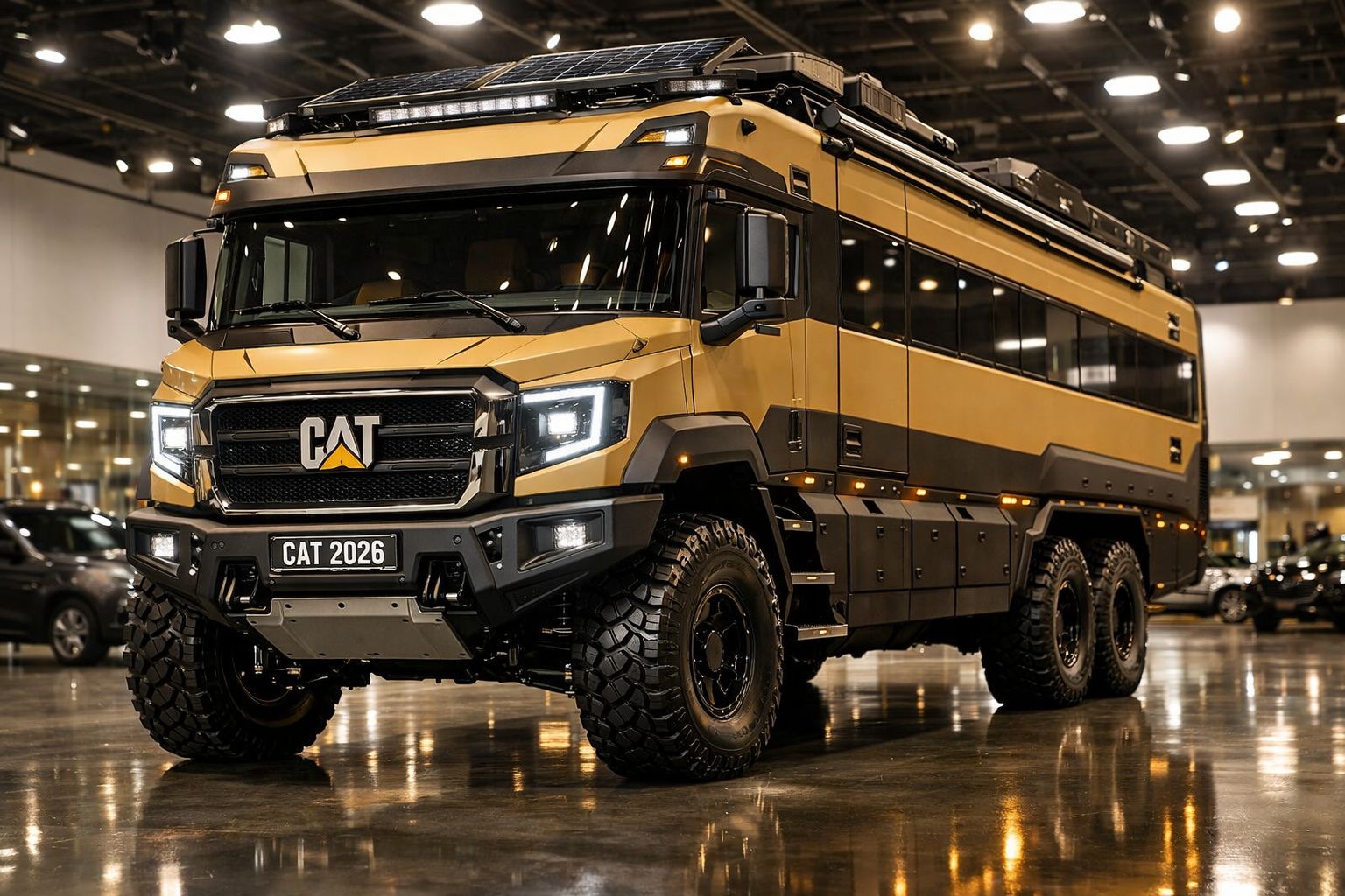 Veículo todo-o-terreno amarelo CAT 2026 com seis rodas e robusto design moderno estacionado em espaço interior.