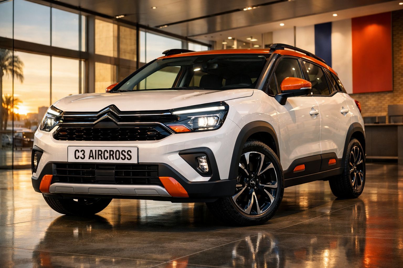 Citroën C3 Aircross branco com detalhes laranja estacionado em ambiente interior moderno.