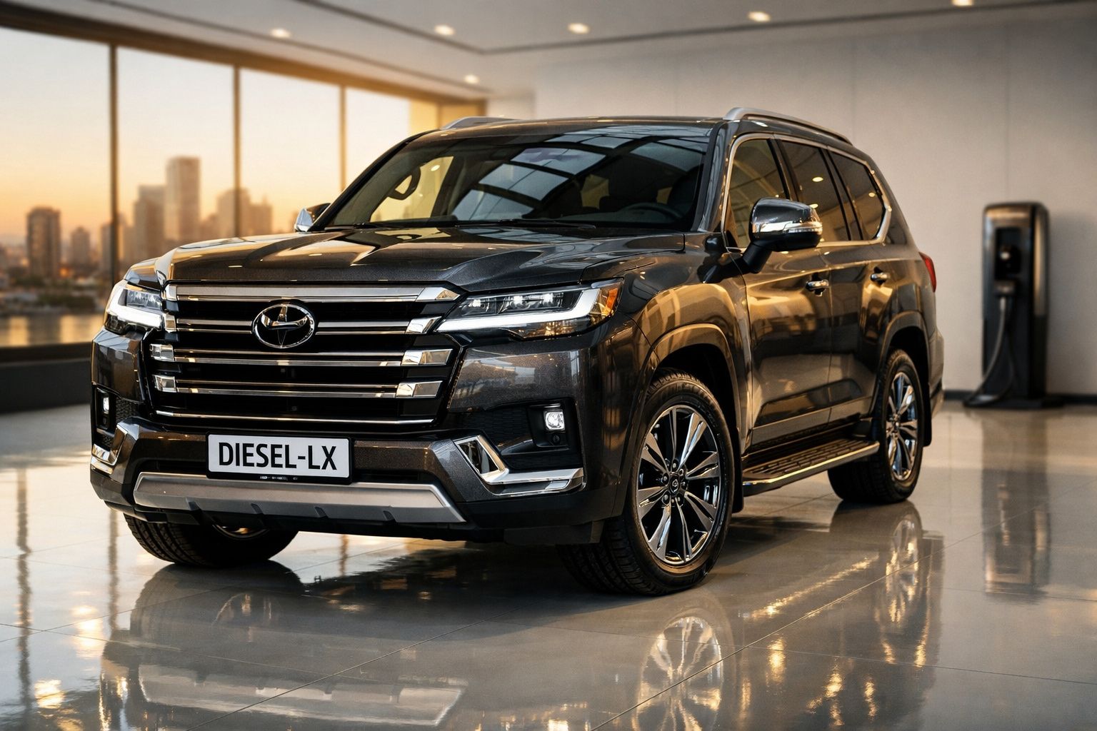 SUV preto estacionado em interior com vidros grandes e posto de carregamento elétrico ao fundo.