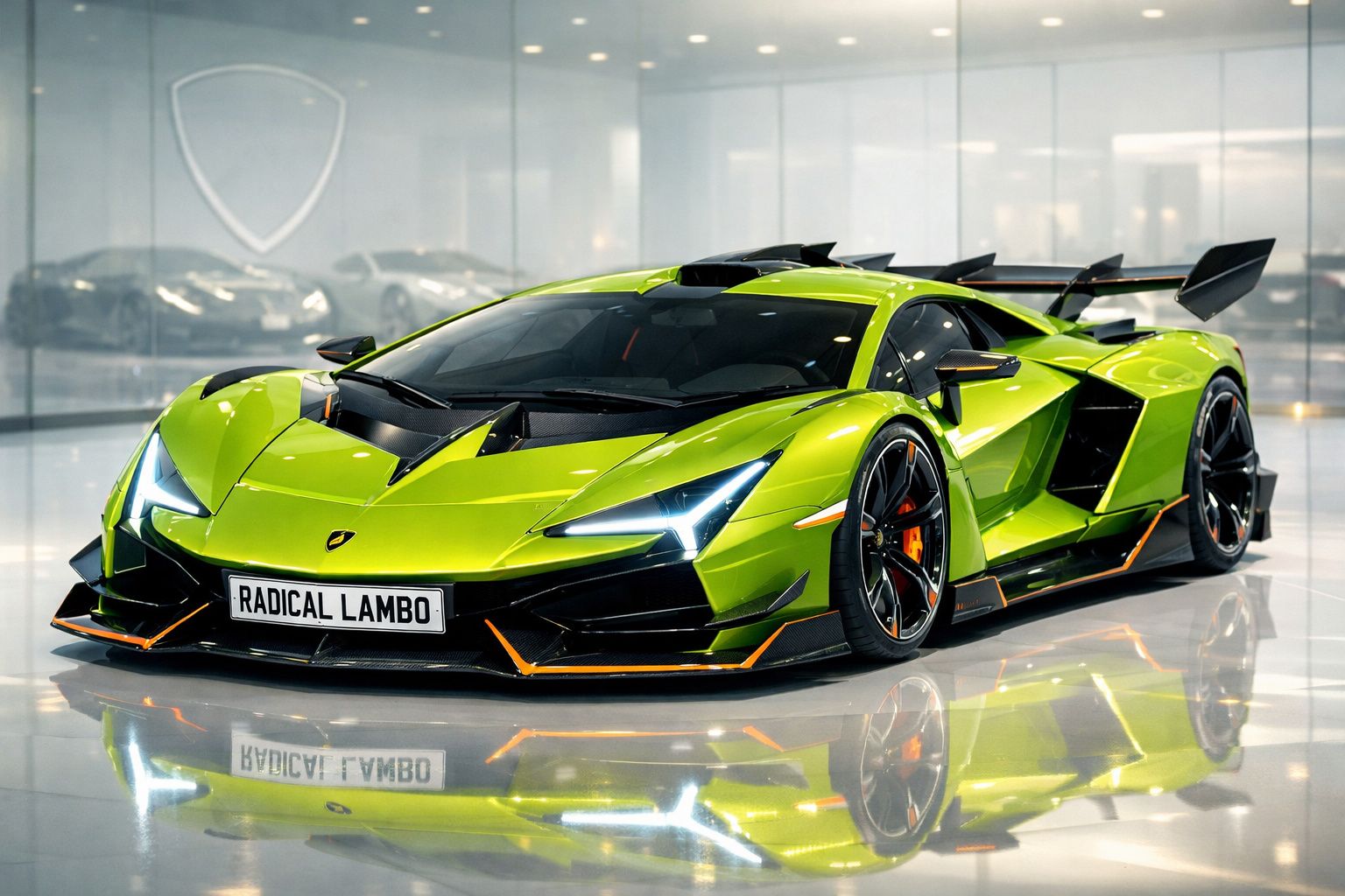 Carro desportivo Lamborghini verde metálico com design aerodinâmico e faróis LED modernos em exposição interior.